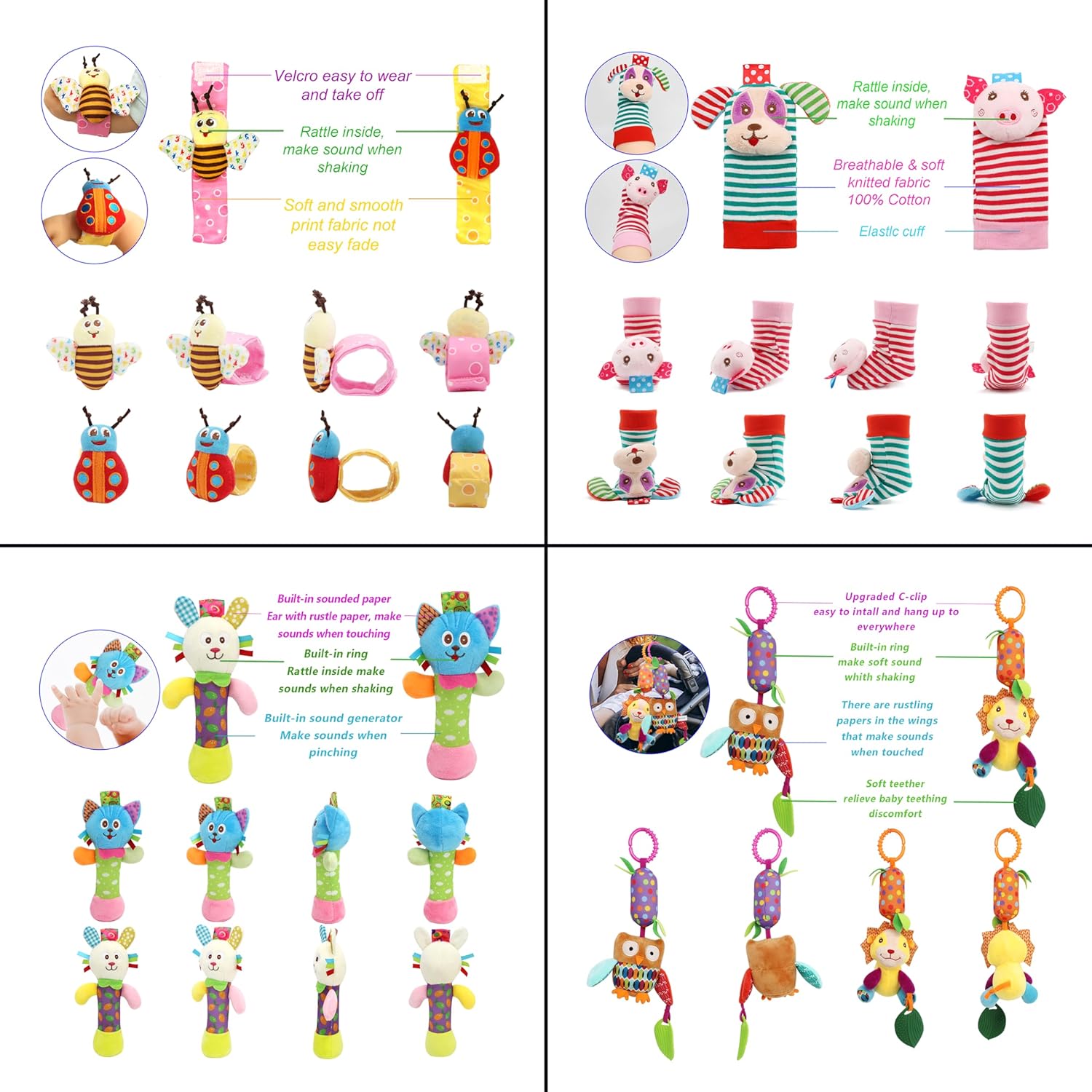 BLOOBLOOMAX Baby Soft Hanging and Wrist Rattle Toy, Car Seat Stroller Toys with Plush Animal C-Clip Ring for Infant Babies Boys and Girls 3 to 12 Months (12PCS-G)