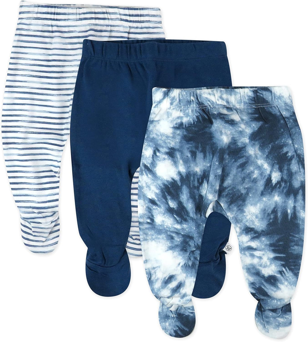 HonestBaby 3-pack Footed Pants Roomy Fit Pull on Bottoms 100% Organic Cotton for Infant Baby Boys, Girls, Unisex