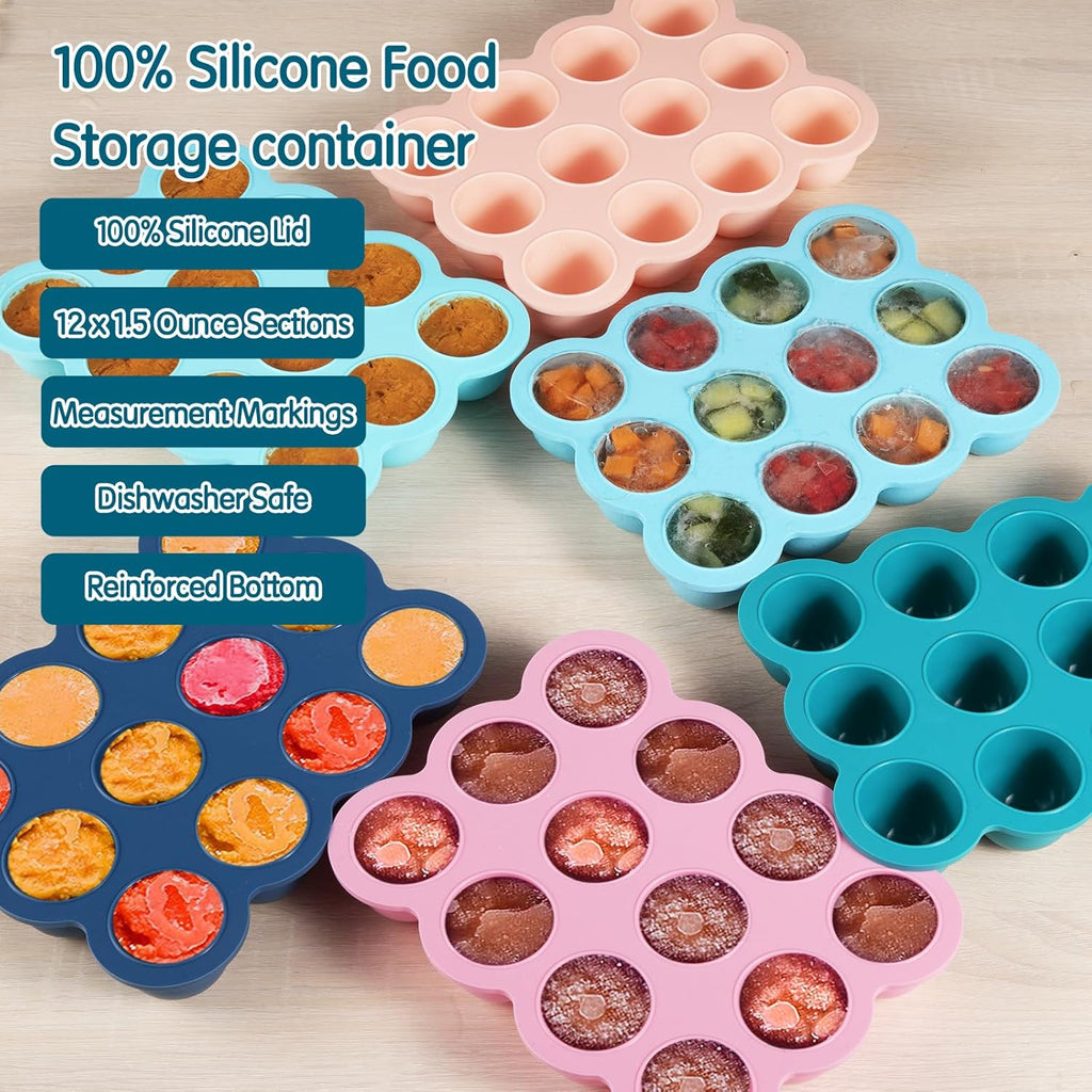 Baby Food Storage - 12 x 1.5OZ Silicone Freezer Tray with Lid, Containers for Homemade Purees - Midnight Blue