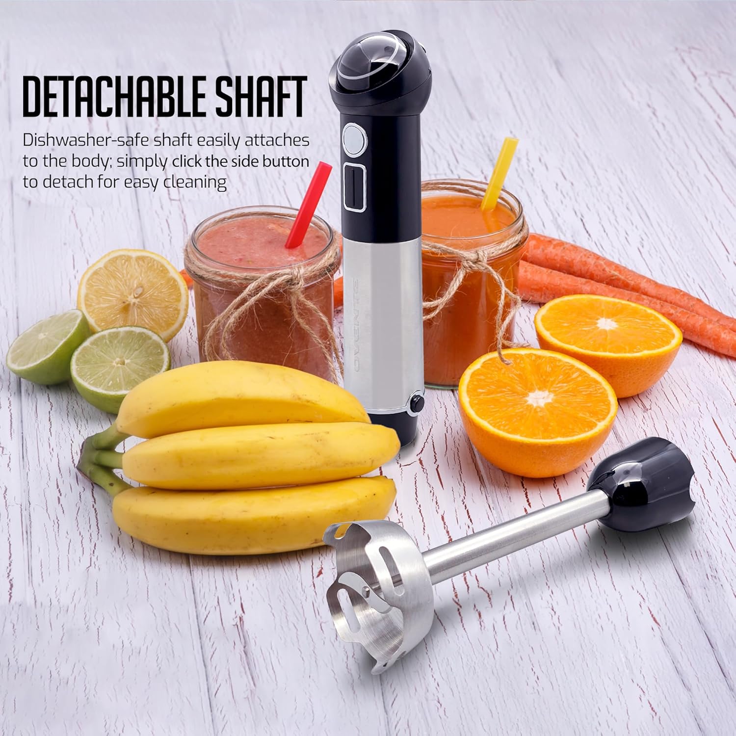 OVENTE Cordless Immersion Hand Blender, 300W Rechargeable Handheld Portable Stick Mixer with Speed Pulse Activating Sensor and Stainless Steel Blades for Smoothies, Shakes or Baby Food, Black HR995B