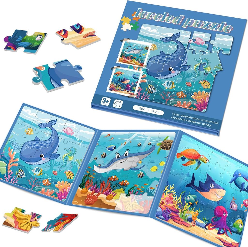 Magnetic Puzzles for Toddlers 3-5 , 75-Pieces Travel Toys , Sea Puzzles Ages 4-6, Educational Learning Magnets, Road Car Trip & Airplane Activities Toys for 3 4 5 6 7 Girls Boys Gift