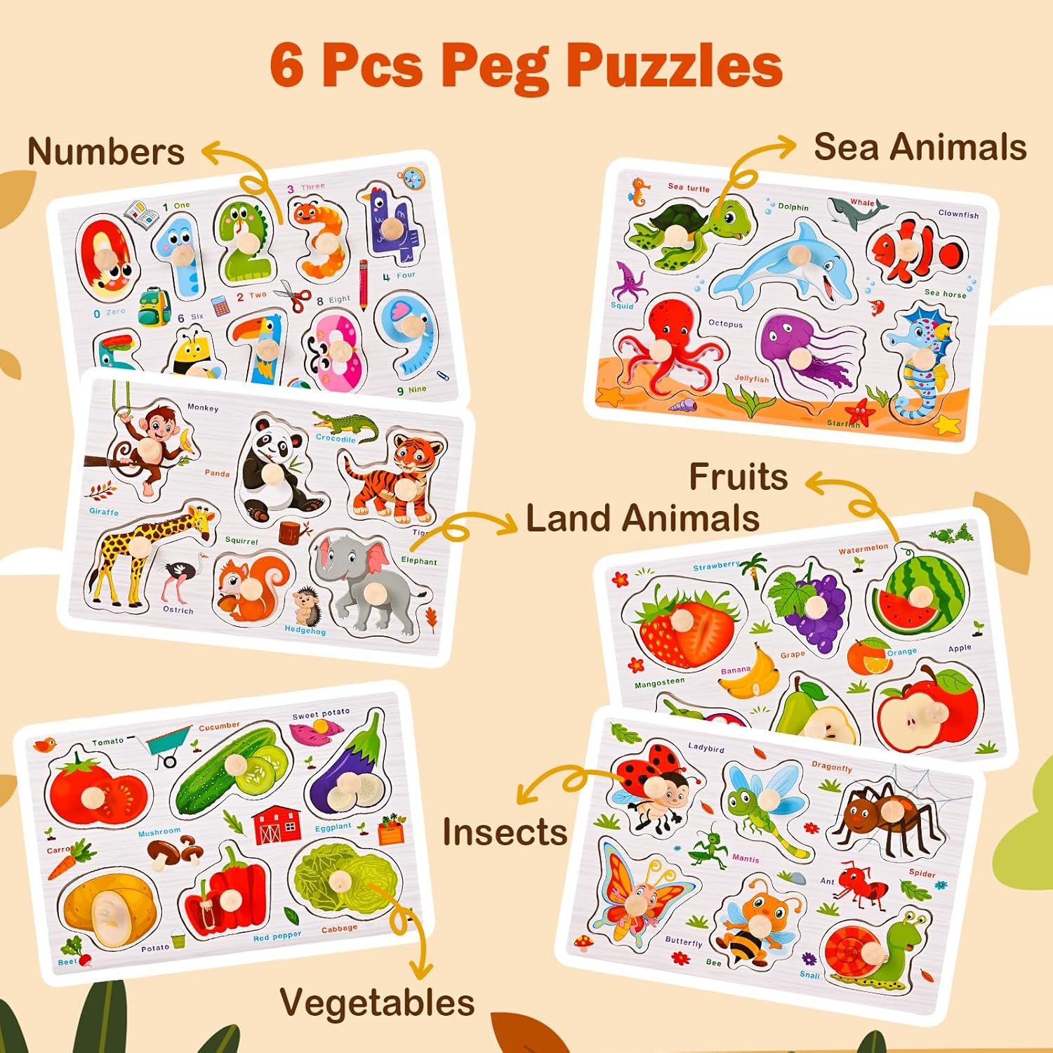 Wooden Peg Puzzles for Toddlers 1-3, 6 PCS Puzzles for Kids, Montessori Toddler Numbers, Vegetables, Fruits, Insects, Sea and Animals Puzzles, Great Preschool Gifts for Girls and Boys