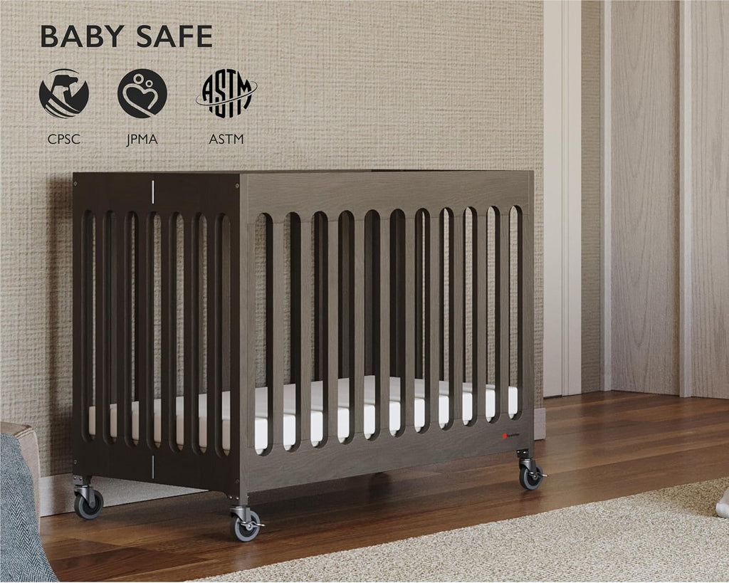 Foundations Boutique Folding Mini Baby Crib - Compact, Portable, Wooden Hotel Crib, Foldable Compact Cribs for Baby & Toddlers - Includes 3" Foam Mattress - Dapper Gray