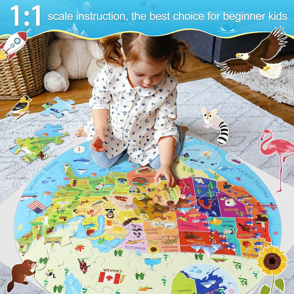 United States Puzzle 70 Pieces USA Map Floor Jigsaw Puzzles for Kids Ages 4-10, Jumbo Round US Geography Puzzle 50 States with Capitals Educational Learning Toys for Boy or Girl