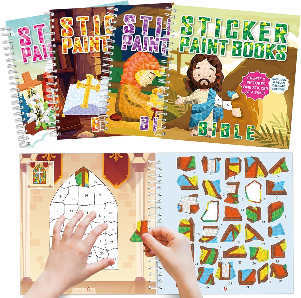 4Pcs Bible Paint by Sticker Books Sticker by Number Books Activity Book Stickers Puzzle Book Christian Craft Art Gift Set Party Favor with Jesus Bible Cross 32 Pictures