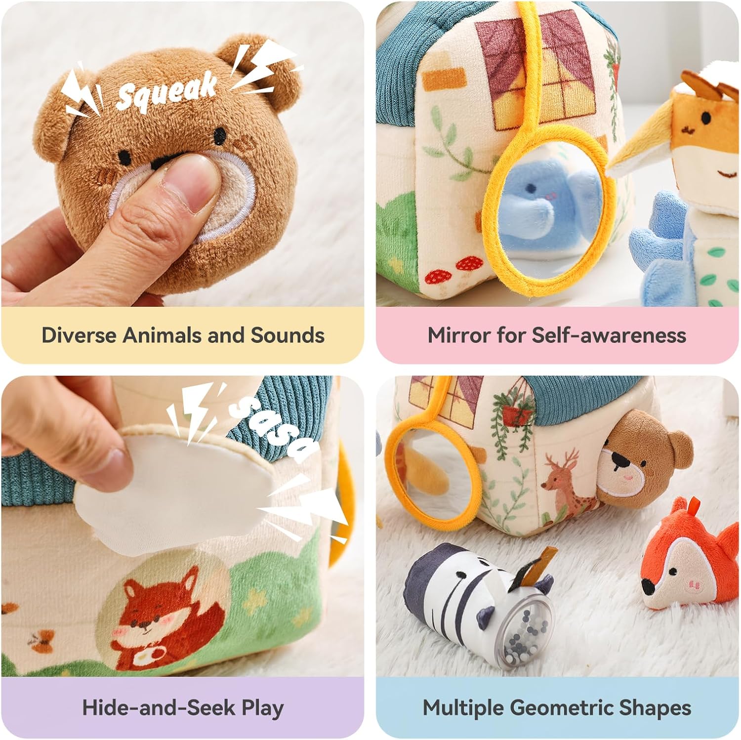 Youuys Baby Toys 6 -12 Months - Jungle Soft Stuffed Animal Set with Rattle, Crinkle Paper, Squeaker, Mirror - Toddlers Sensory Montessori Toy for 6 Month Old Babies, 1-3 Year Old Boy Girl Gifts