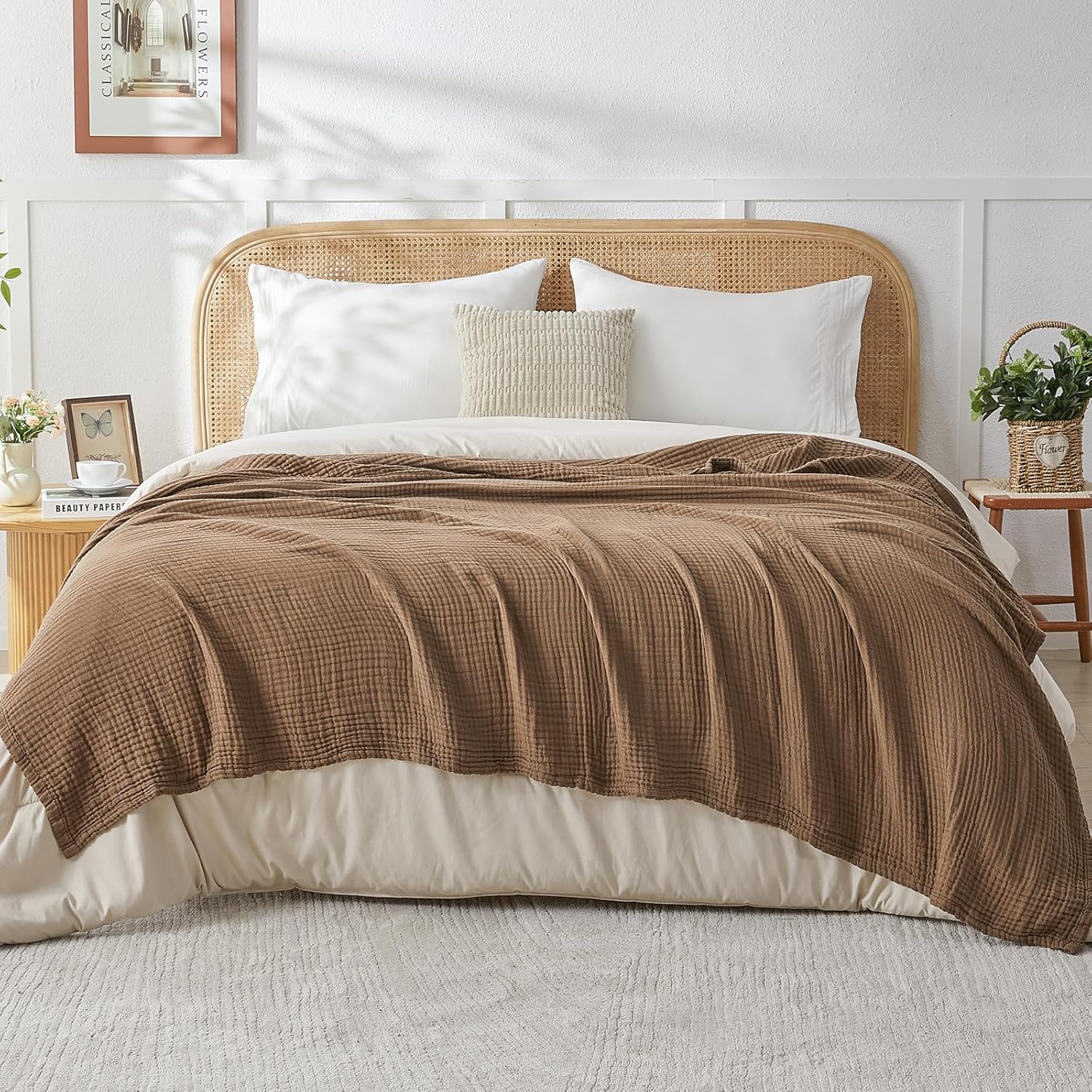 EMME Cotton Muslin Throw Blanket Couch Breathable Gauze Blanket Soft Lightweight Blankets Adults (Brown, 50"x60")