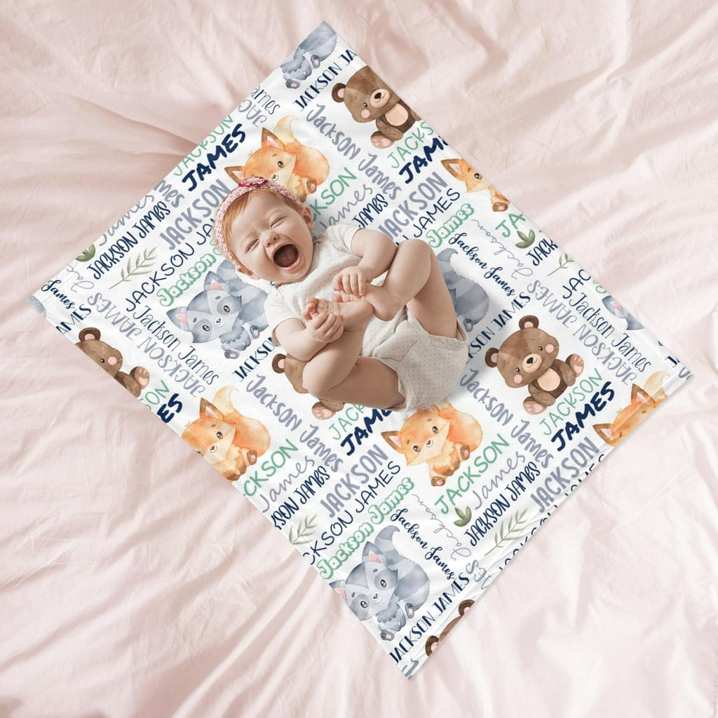 Personalized Woodland Animals Blanket - Custom with Name, Swaddle for Toddlers & Newborns
