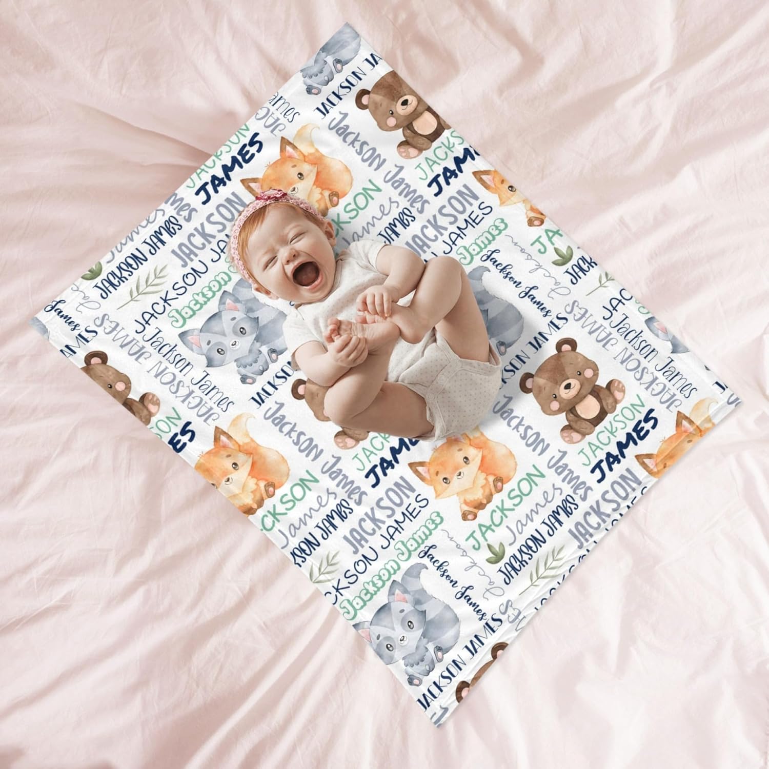 Personalized Woodland Animals Blanket - Custom with Name, Swaddle for Toddlers & Newborns