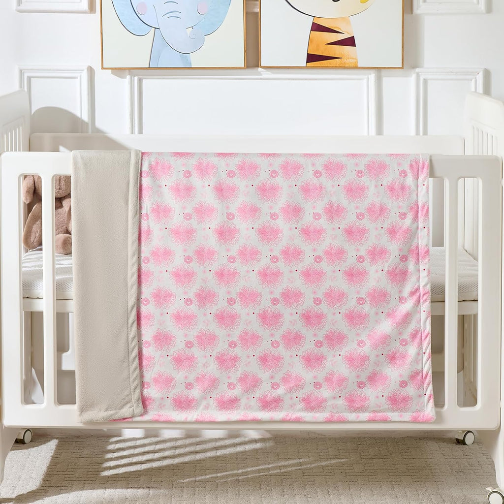 Baby Blanket 30x40 Inches Soft Double Layer Fleece Blanket with Beautiful Pink Line Flower Gender Neutral Crib Blanket for Infant, Toddler, Newborn Baby Girl or Boy Shower Gift