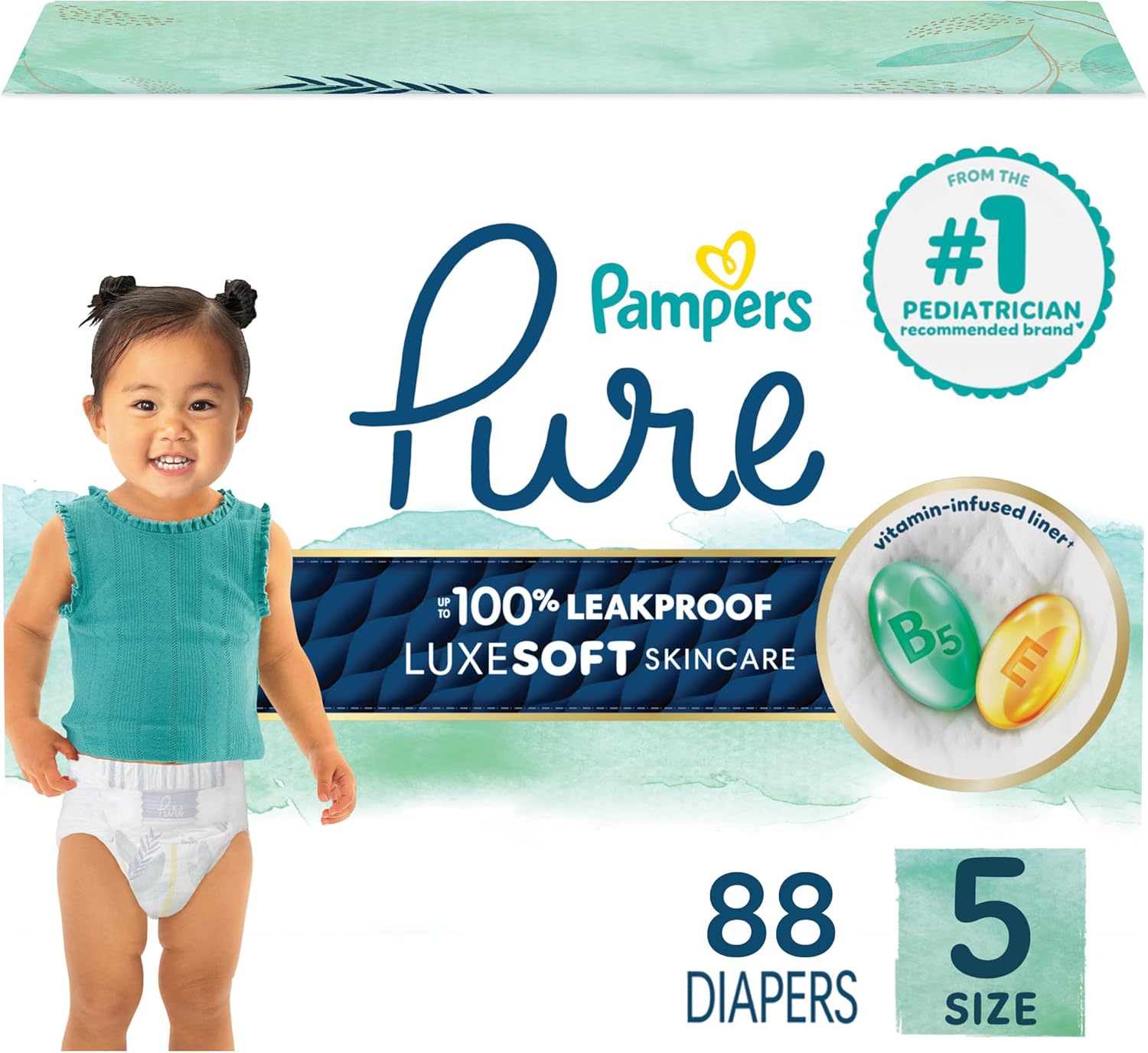 Pampers Baby Diapers - Pure Protection - Size 2, 120 Count, for up to 100% Leakproof, Premium Plant-based Skin Protection