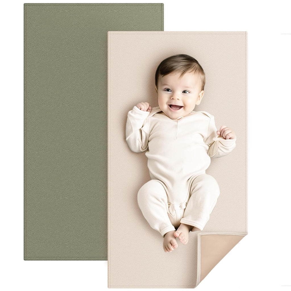 Konssy Faux Leather Baby Changing Mat, Waterproof, Wipeable & Portable Diaper Changing Pad for Travel or Home, Fits Perfectly in Diaper Bag, 30 x 17 inches (Fog Green,Beige)
