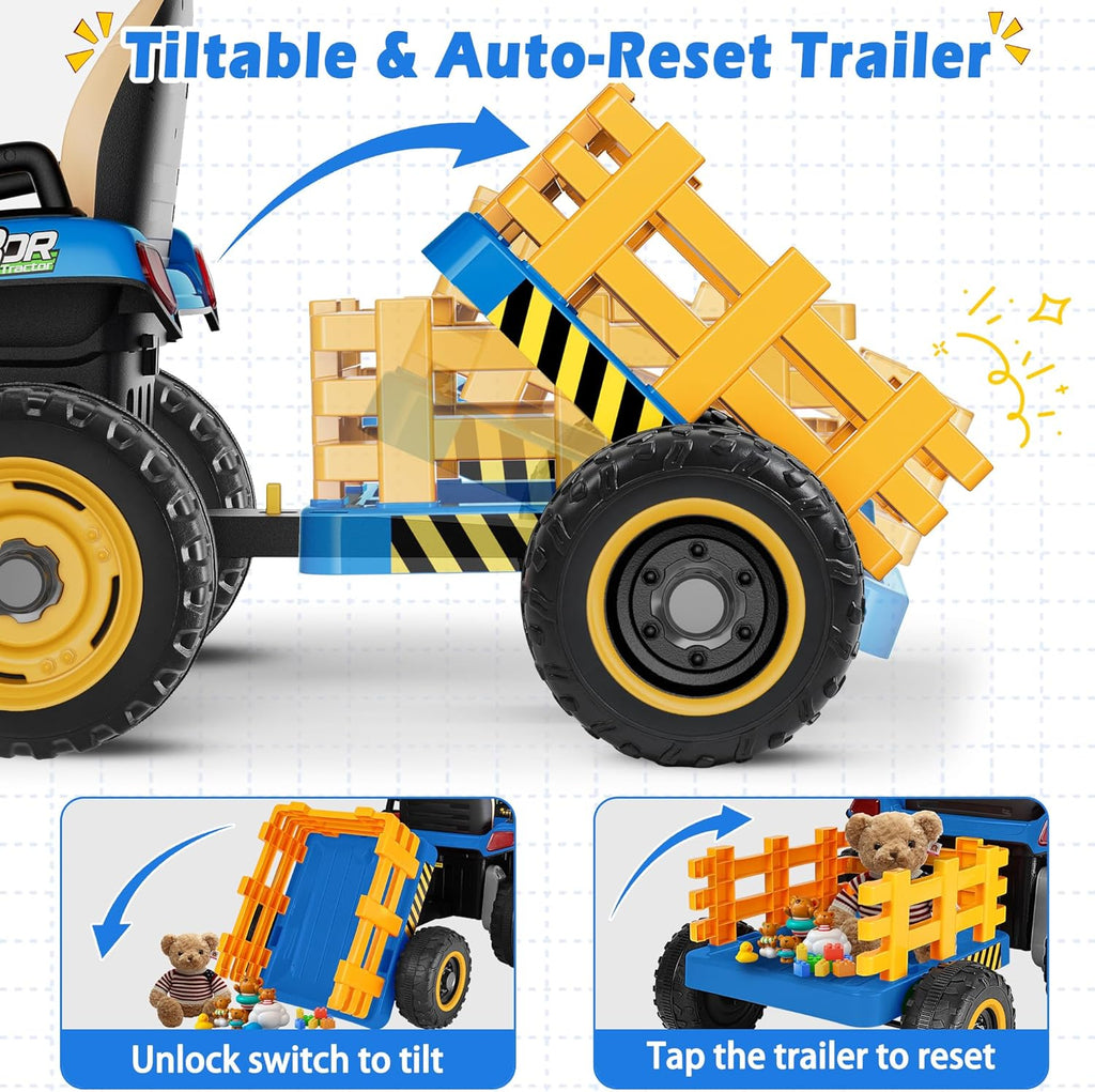 24V Ride On Tractor w/Tiltable & Detachable Trailer, 2x65W Motors, EVA Tires, Remote Control, Bluetooth, Shifter, Music, Electric Car for Kids Ages 2-5, Blue