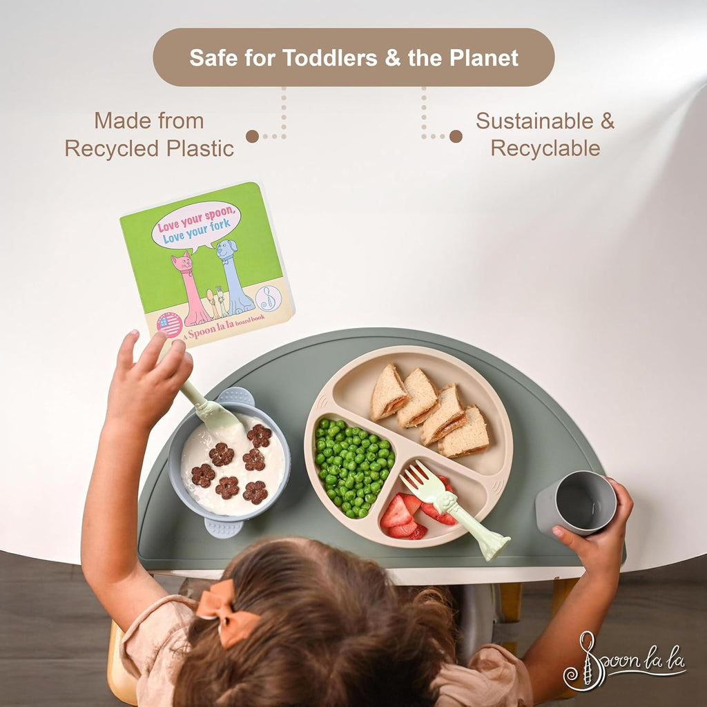 Made in USA Spoon la la Toddler Utensils Set - 6 Pack (3 Spoons & 3 Forks for Kids) - Self-Standing 3D Ergonomic Cat & Dog Handles - BPA-free, Dishwasher Safe, Baby Silverware (Blue, Pink, Mint)