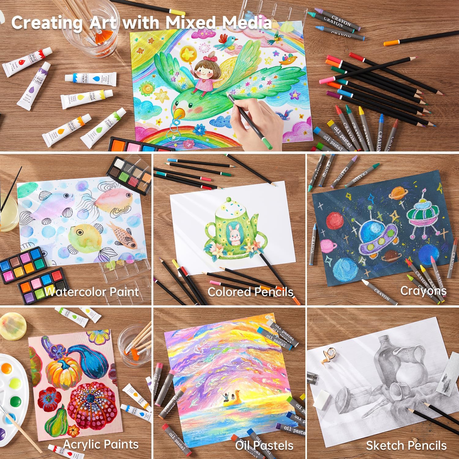 Shuttle Art Deluxe Gift Art Kit, 202-Piece Wooden Art Supplies Set with 4 Drawing Pads, Canvases, Coloring Sheets, Acrylic Paint, Crayons, Oil Pastels, Colored Pencils for Kids