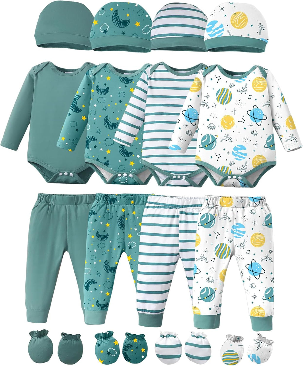 NZRVAWS Newborn Baby Boy Girl Clothes Unisex Infant Romper Pants Set Hat 4-Pack Outfits 0-12 Months 16 Pieces Toddler