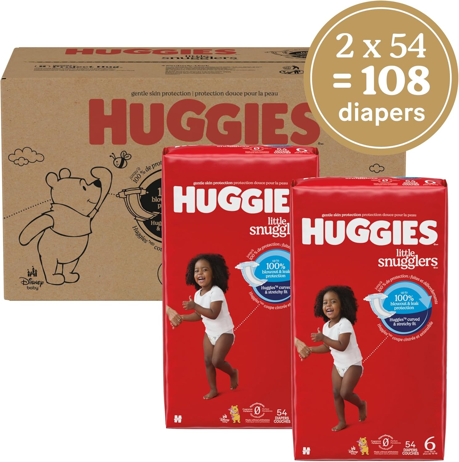 Huggies Size 6 Diapers, Little Snugglers Baby Diapers, Size 6 (35+ lbs), 108 Count (2 Packs of 54), Packaging May Vary