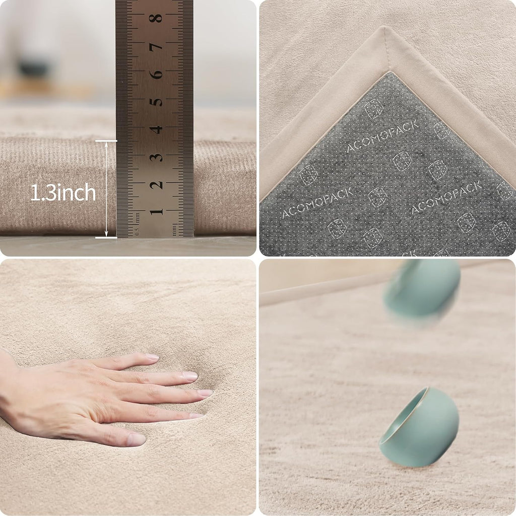 ACOMOPACK Baby Play Mat for Floor 1.3" Thick Memory Foam Play Mat 79"×118" Tummy Time Crawling with Non-Slip Bottom for Living Room,Nursery,Soft Velvet Playpen Mats for Kids,Infants（Beige）