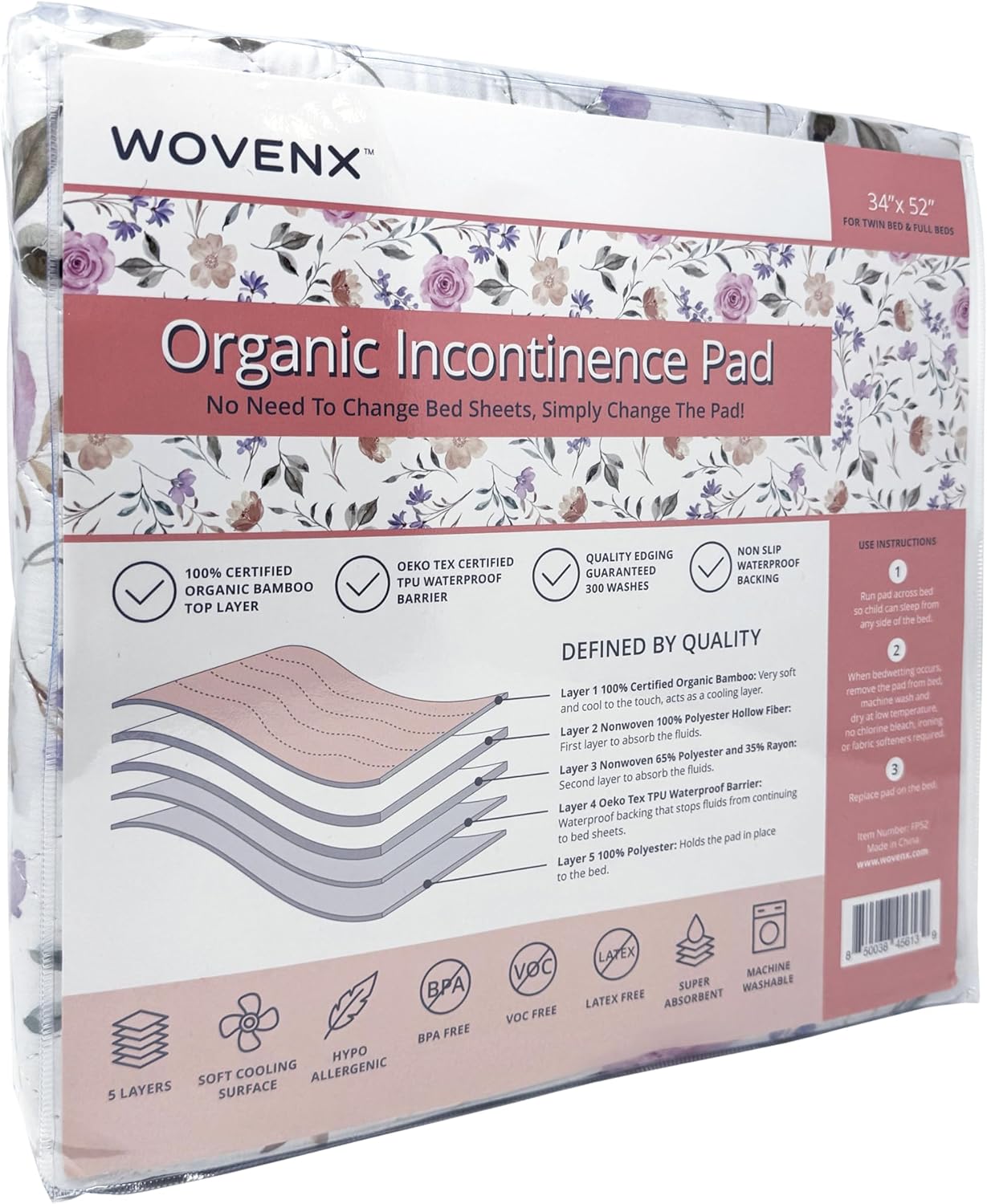 Organic Incontinence Pads for Kids & Toddlers - 5 Layer Waterproof Protectors for Overnight Bed Wetting - Reusable & Washable Pee Pads - Fits Twin to Full Size Beds - 34" x 52" Flower
