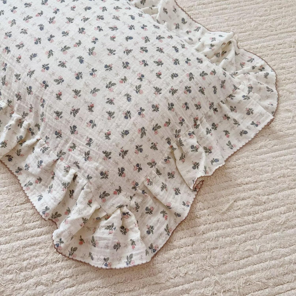 BuLuTu Chic Bellflower Pink Toddler Pillowcase with Ruffles Pillow Cover for Boys Girls 1 2 3 4 5 6 Years Old, Soft Breathable Muslin Cotton Pillow Case for Crib Cot Cradle, 14"x20", 1 pc