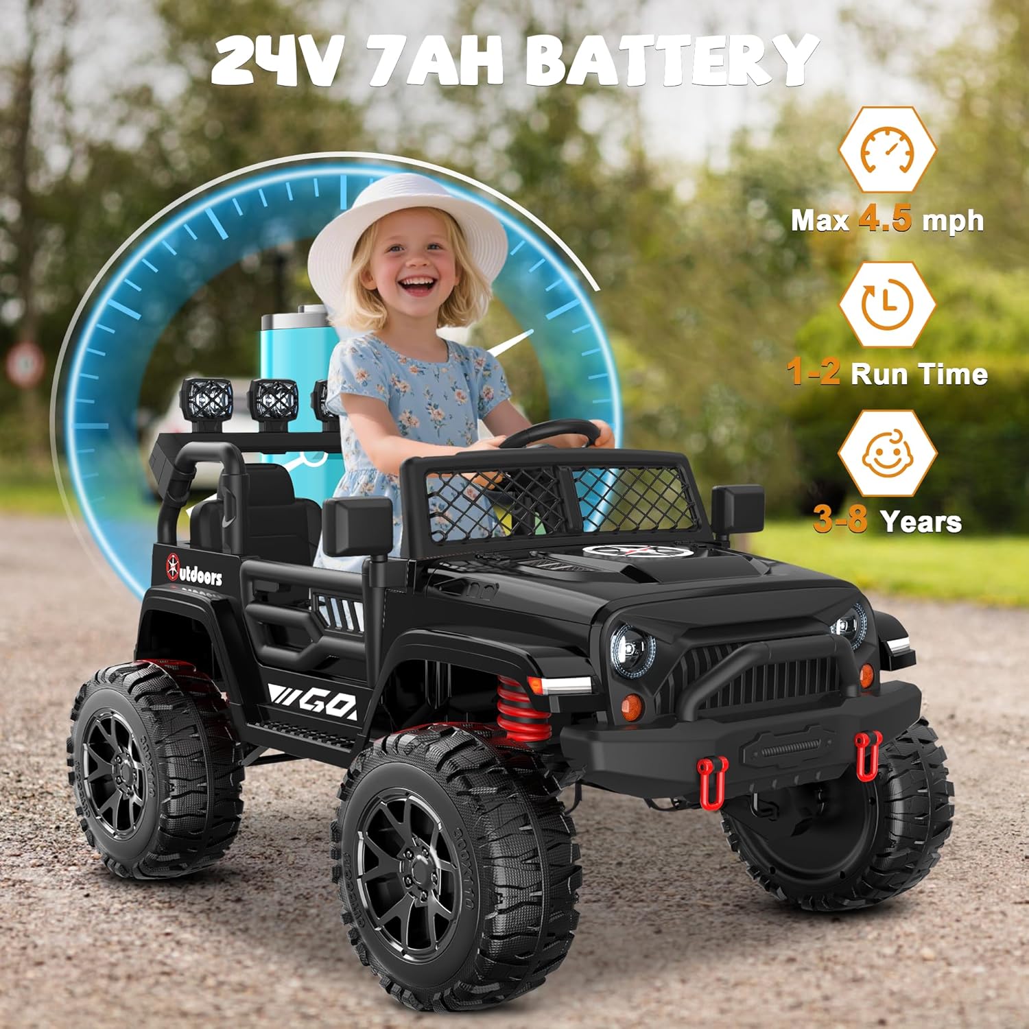 ANPABO 24V 2 Seater Ride On Car for Kids w/EVA Tires, 4X200W Motors, 4 Shock Absorbers, 2.4G Remote Control, Bluetooth Radio, LED Headlights & Searchlights, Electric Car for Kids Ages 3-8, Black