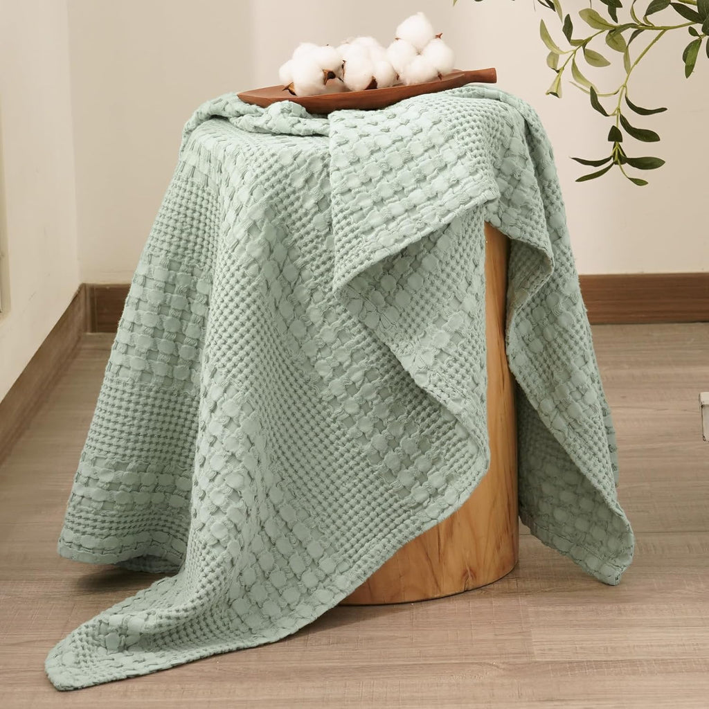 PHF 100% Cotton Waffle Weave Throw Blanket, Soft Lightweight Breathable Cozy Summer Throws for Couch Bed Sofa, Luxury Aesthetic Woven Blanket for Home Decor & Office, 50"x60", Sage Green