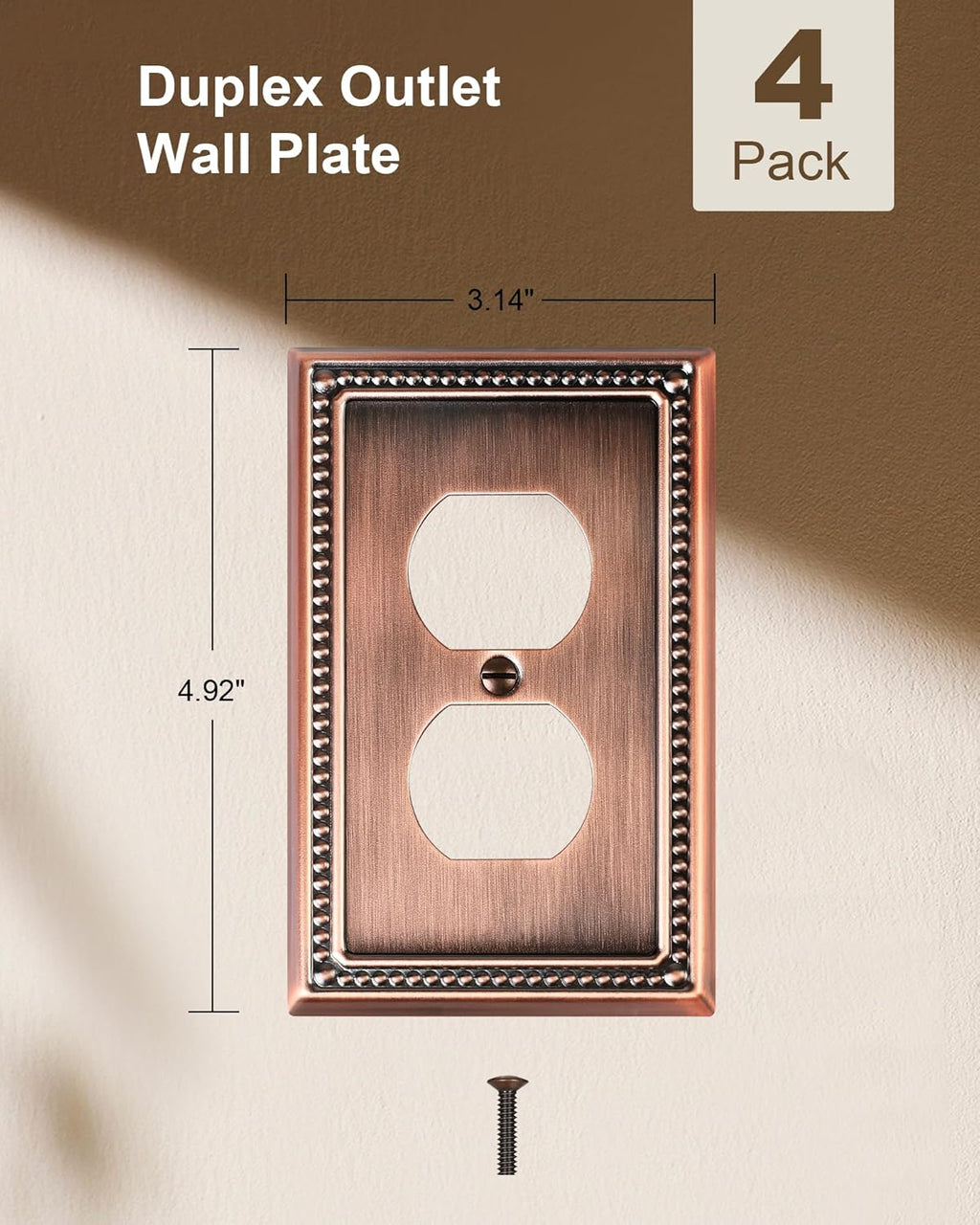 4-Pack Duplex Outlet Cover Plate, Antique Copper Metal Wall Plates for Electrical Outlets, 1 Gang Receptacle Cover, Pearls Decorative Switch Plates and Outlet Covers