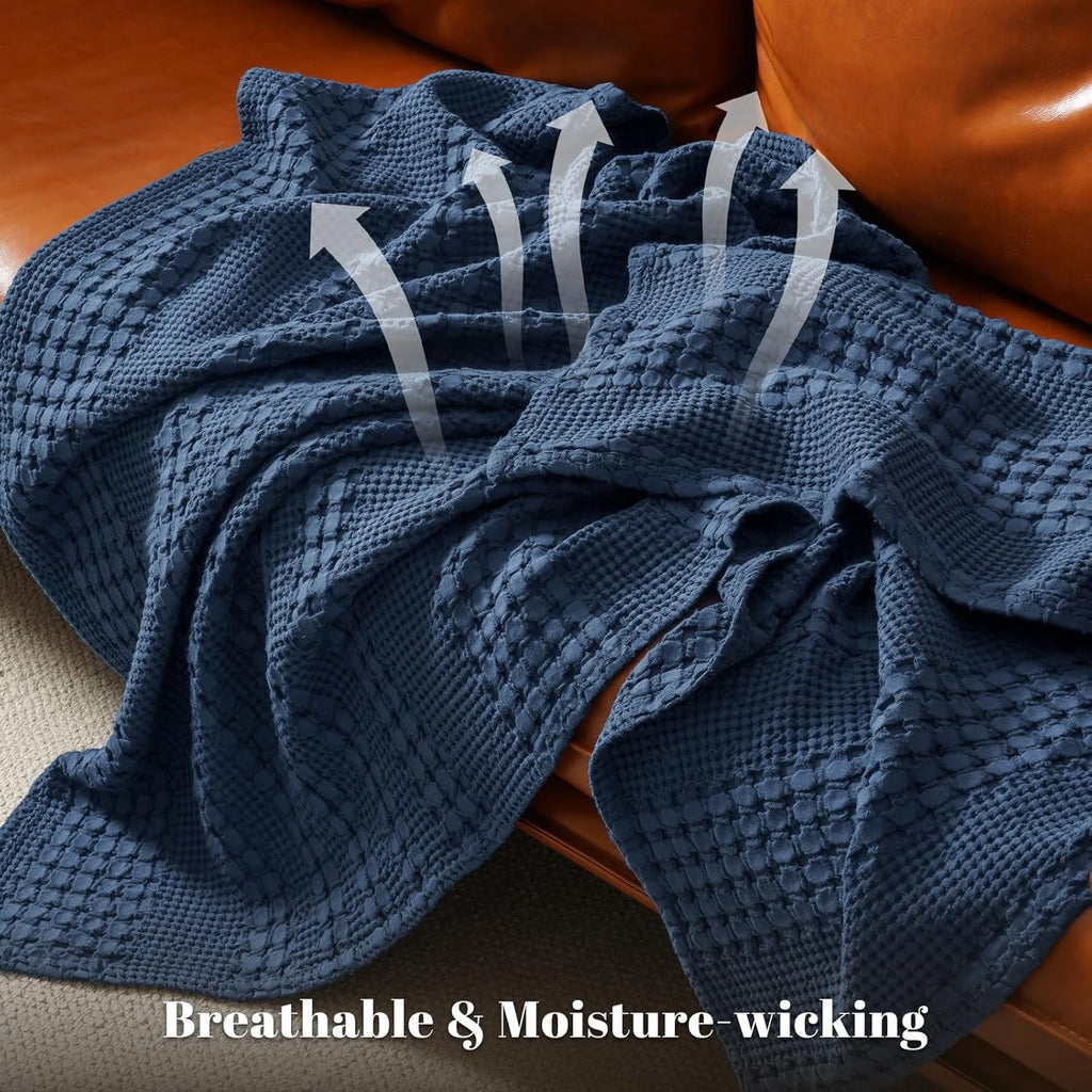 PHF 100% Cotton Waffle Weave Throw Blanket, Soft Lightweight Breathable Cozy Summer Throws for Couch Bed Sofa, Luxury Aesthetic Woven Blanket for Home Decor & Office, 50"x60", Bright Navy