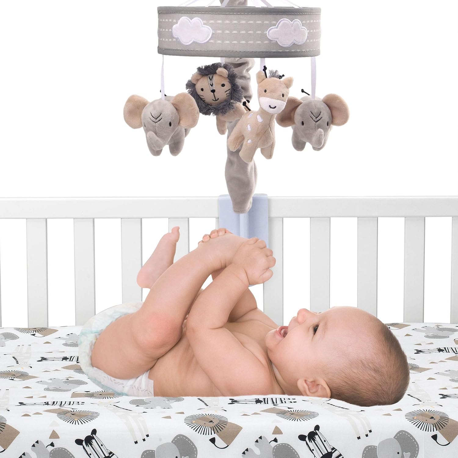 Lambs & Ivy Jungle Safari Musical Baby Crib Mobile - Gray, Beige, White, Animals
