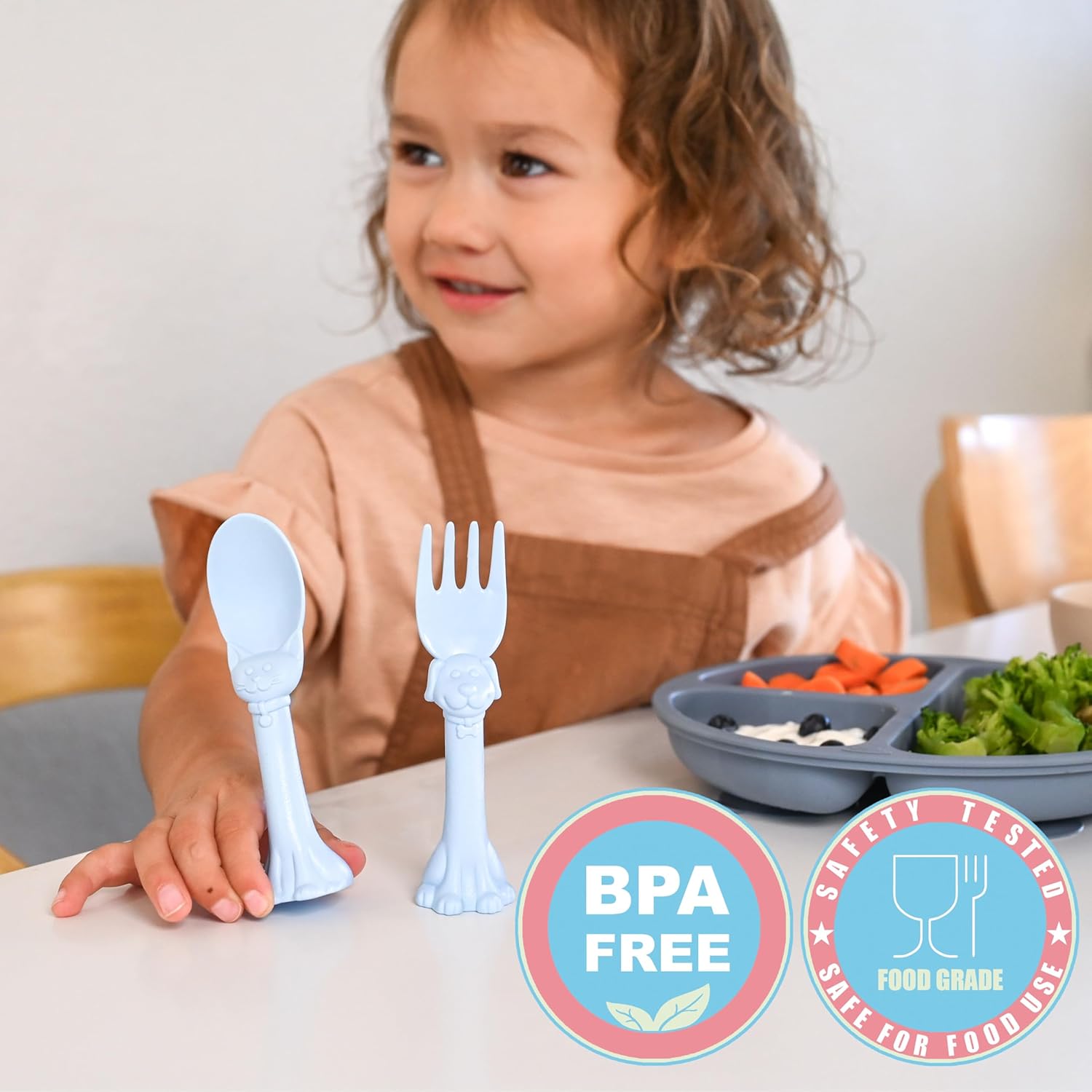 Made in USA Spoon la la Toddler Utensils Set - 2 Pack (1 Spoon & 1 Fork for Kids) - Self-Standing 3D Ergonomic Cat & Dog Handles - BPA-free, Dishwasher Safe, Baby Silverware (Blue)