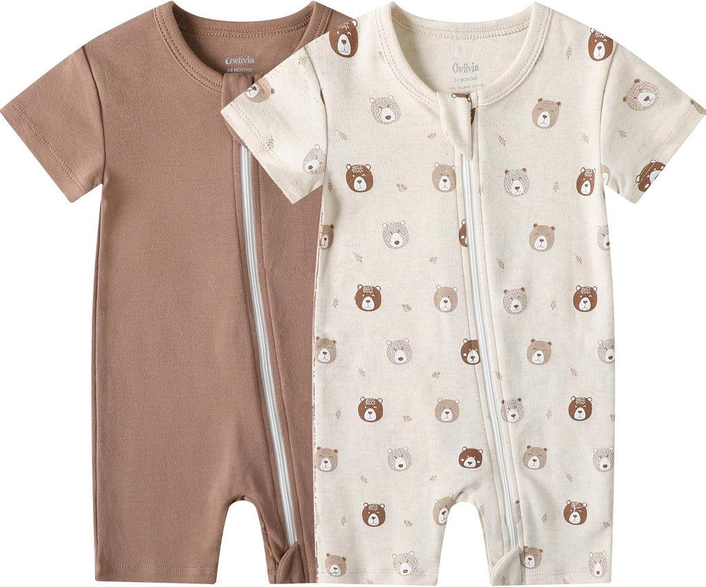 Owlivia Baby Short Sleeve Summer Romper Set, 2 Pack Tank Jumpsuit for Girls and Boys, Cartoon One Piece Coverall Outfit
