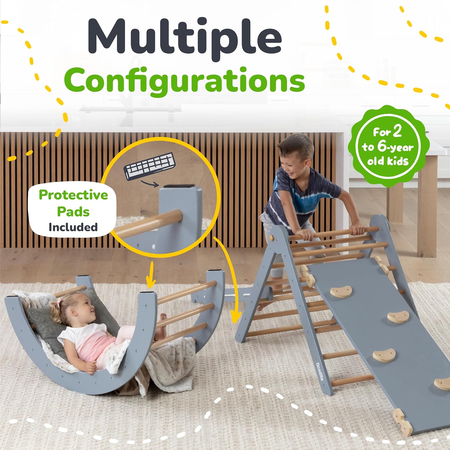 6-in-1 Pikler Triangle Climbing Set - Climbing Toys for Toddlers - Montessori Climbing Set - Indoor Wooden Play Gym for 2-6-Year-Olds - Light Gray