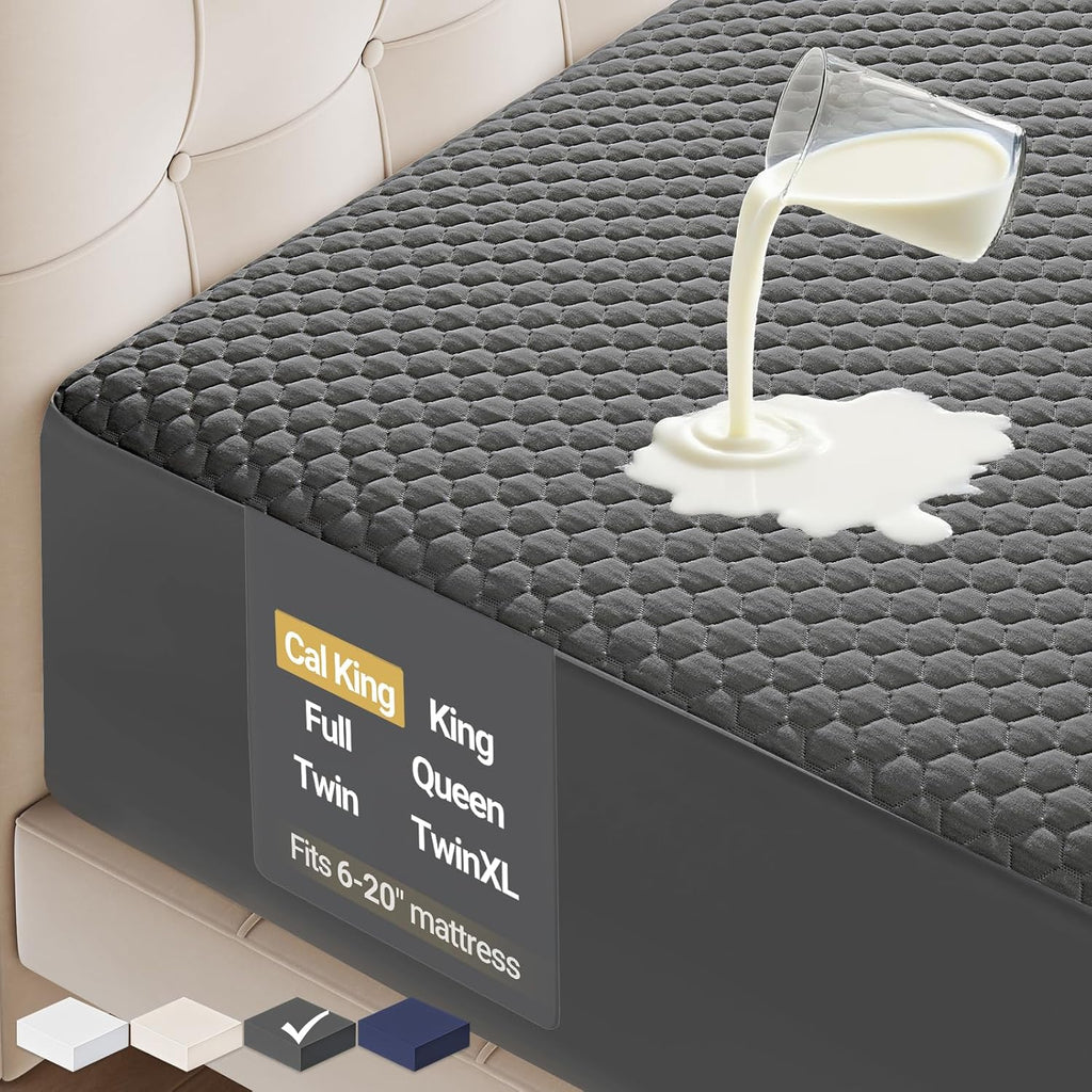 OhGeni 100% Waterproof Mattress Protector, California King-Gray Mattress Pad, Fits 6"-20" Mattresses with Deep Pocket, Cooling, Breathable Fitted Sheets, Soft Bed Cover, Noiseless, Machine Washable