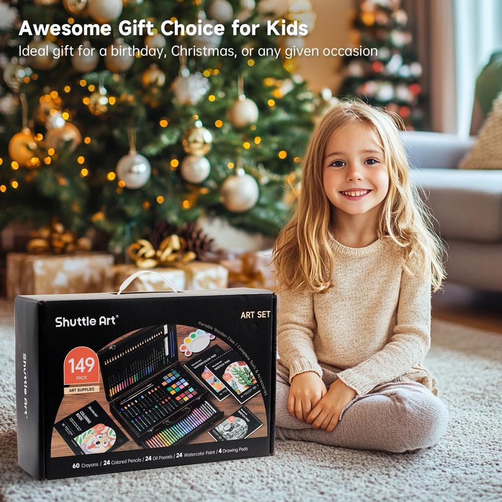 Shuttle Art 149 Piece Deluxe Art Set, Art Supplies in Wooden Case, Painting Drawing Art Kit with Crayons Colored Pencils Oil Pastels Watercolor Cakes Coloring Book Sketch Pad for Kids Adults