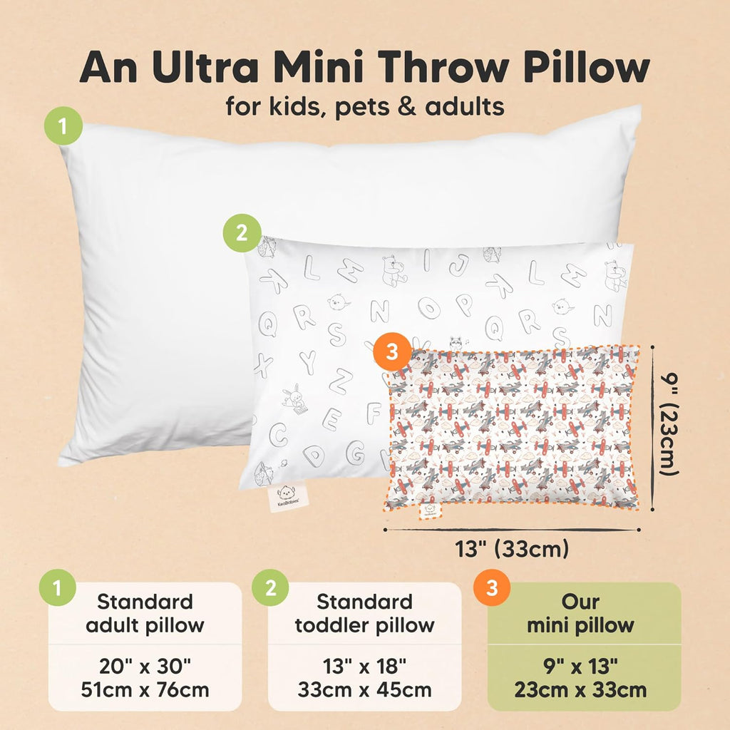 Mini Toddler Pillow with Pillowcase - 9x13 My Little Dreamy Travel Kids Pillow for Sleeping, Toddler Bed, Small, Tiny, Organic Cotton Pillowcase, Soft & Breathable, Kids 2-4 Years Old (Aircraft)