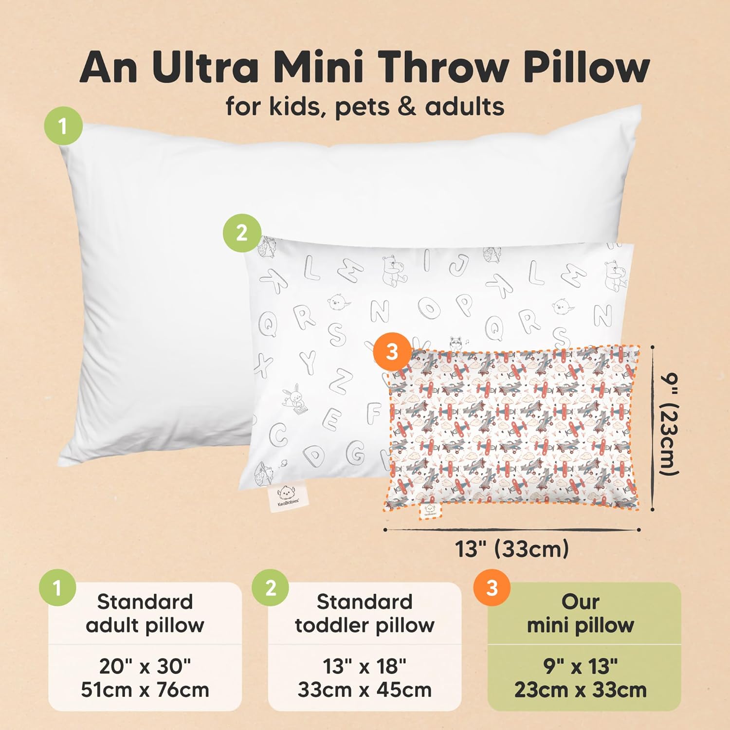 Mini Toddler Pillow with Pillowcase - 9x13 My Little Dreamy Travel Kids Pillow for Sleeping, Toddler Bed, Small, Tiny, Organic Cotton Pillowcase, Soft & Breathable, Kids 2-4 Years Old (Aircraft)