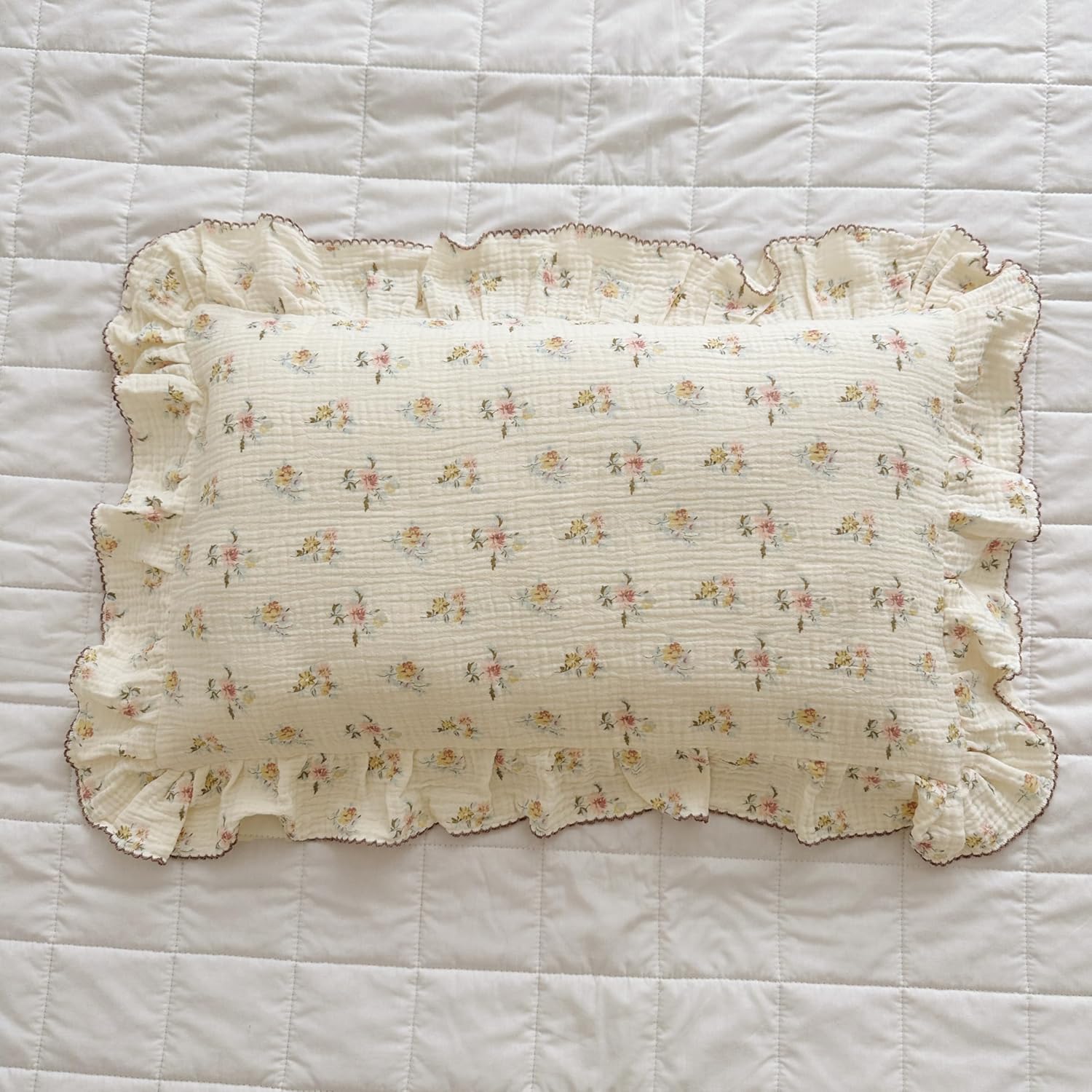 BuLuTu Double Layers Muslin Cotton Pillowcase King Size Vintage Floral Print Pillow Case Teens Girls Women Ruffled Pillow Cover, Envelope Closure, 20x36 inch, 1 Piece, Azalea