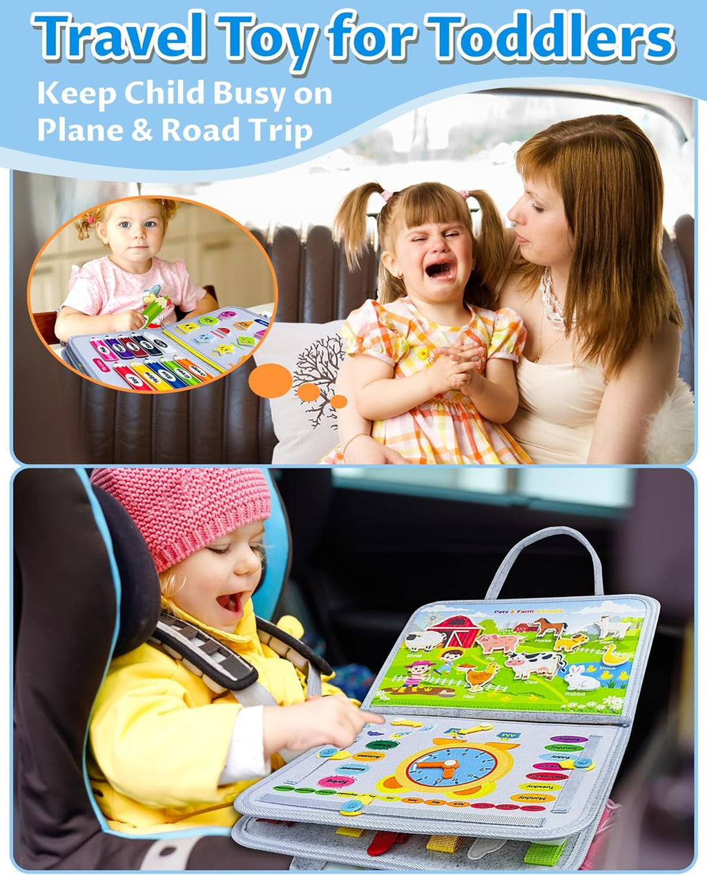 Exorany Busy Board Montessori Toys for Toddler Boy & Girl Birthday Gifts, Busy Book Learning Sensory Toys for Toddlers, Toddler Travel Toy Educational Activities Learn Fine Motor Skills