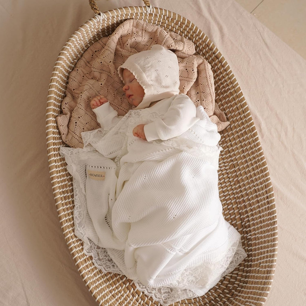 100% Organic Cotton Baby Blanket Knitted Softer Receiving Swaddle Warm Cozy Cuddle Crib Blanket for Newborns Infants Toddlers Boy and Girls White