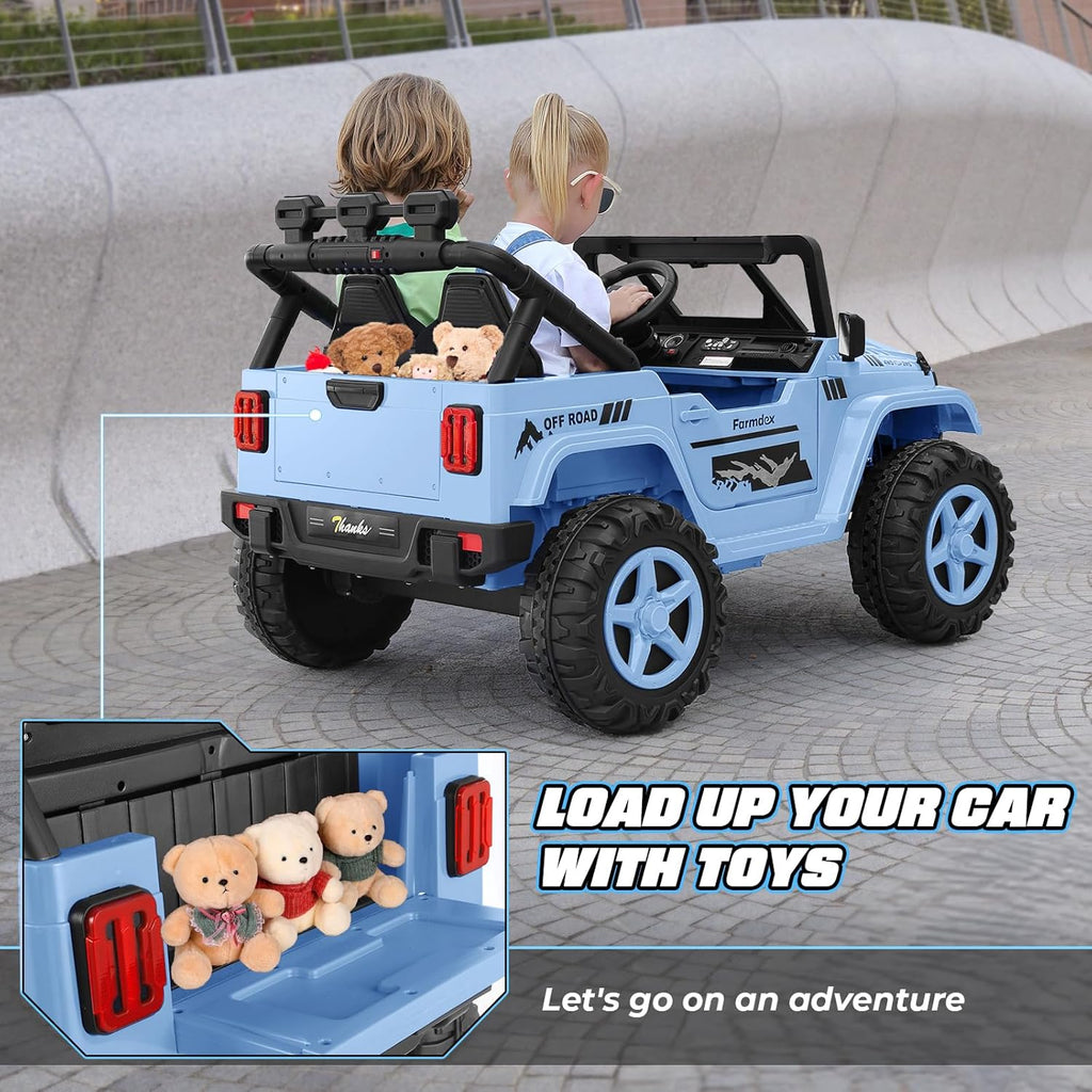 Hikole 2 Seater XL Ride on Cars for Kids - 24V Electric Car with 20 Inch Wide Seat, 4WD/2WD Switch, Remote Control, LED Lights, Music Player, Battery Powered Car for Kids, Blue-Gray