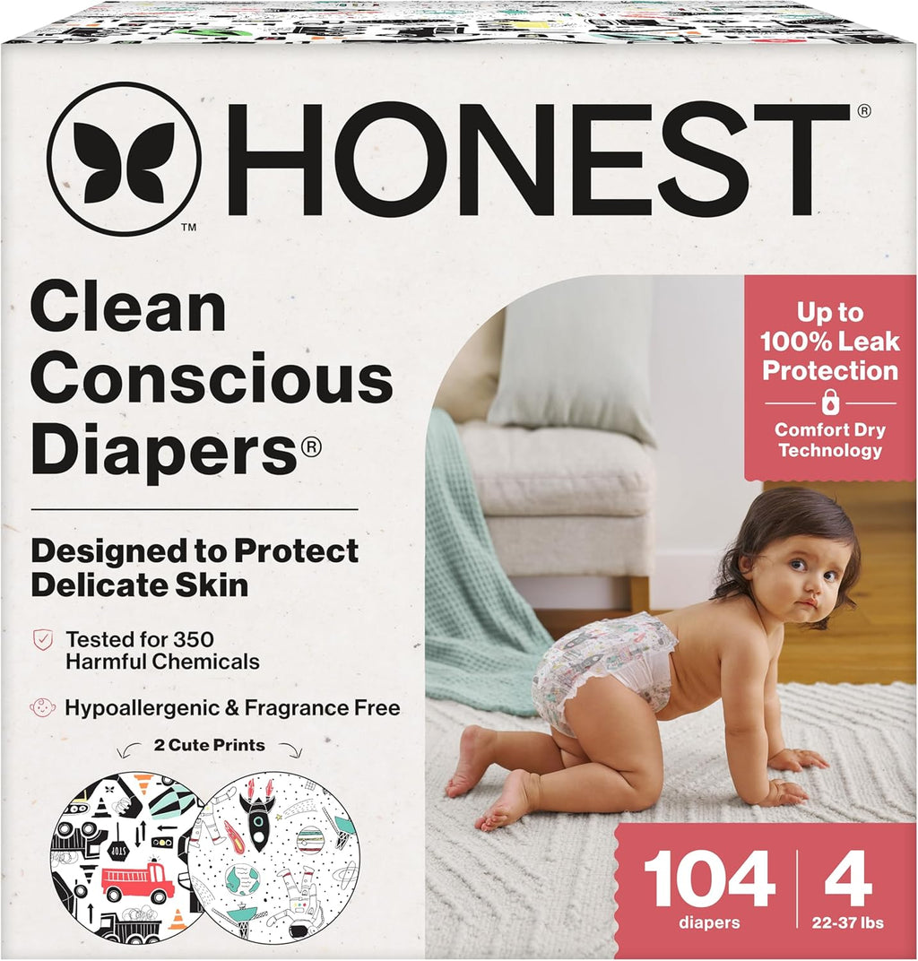 The Honest Company Clean Conscious Diapers for Delicate Skin | Up to 100% Leakproof | Hypoallergenic, Fragrance Free | Gender Neutral | Super Club Box, Size 4 (22-37 lbs), 104 Count (Prints May Vary)