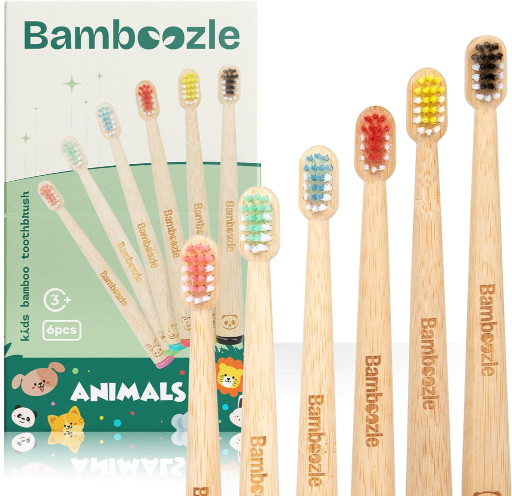Bamboozle Eco-Friendly Animal Toothbrushes for Kids - Sustainable Bamboo Design, Biodegradable & Stylish Oral Care Solution, Animal Design, Pack of 6