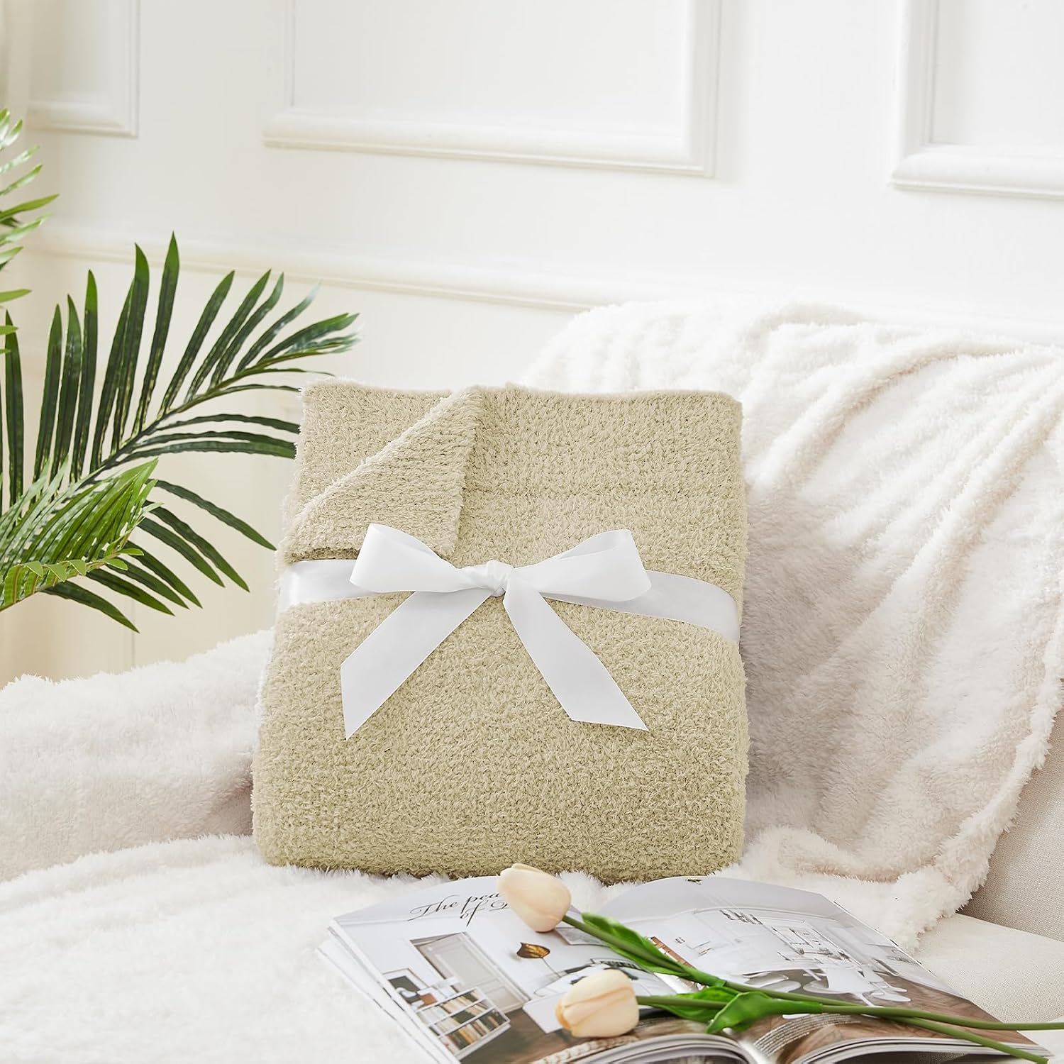 CYMULA Super Soft Twin Size Beige Knit Throw Blanket - Lightweight Plush Fuzzy Fluffy Warm Cozy Blankets and Throws for Sofa Bed All Season Use, 60x80 inches