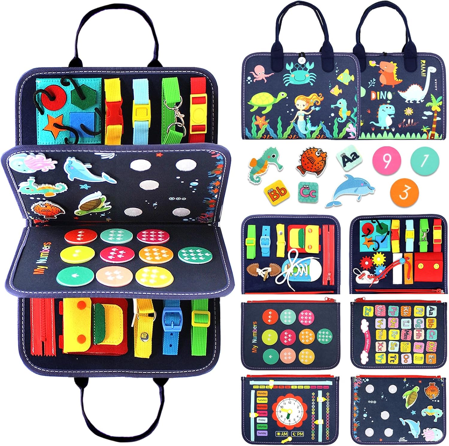 Qizfun Busy Board Montessori Toy for 1 2 3 4 Years Old, Educational Activity Sensory Board Preschool Learning Fine Motor Skills Toys, Toddler Travel Toy for Plane Car, Gift for Boys Girls (Blue/P4)