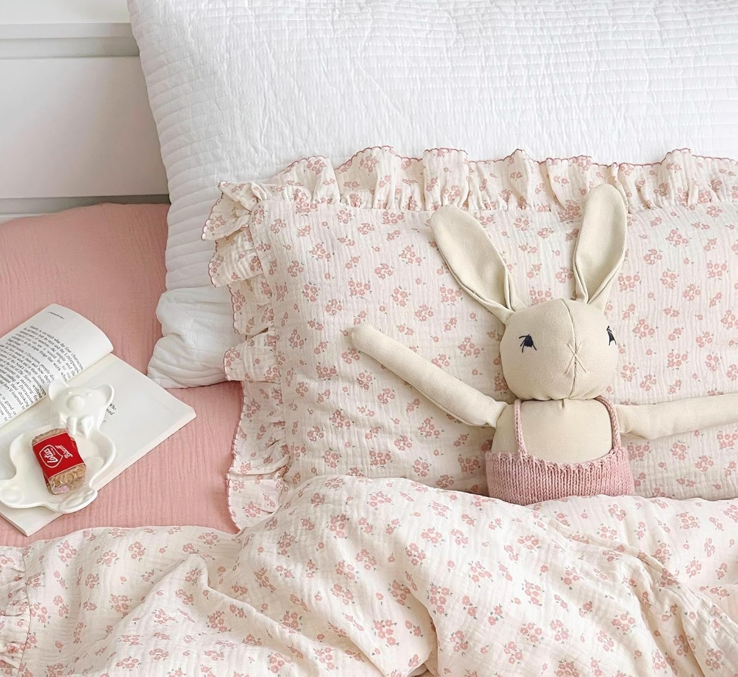 BuLuTu Cotton Muslin Kids Toddler Pillowcase with Galsang Flowers Print, Shabby Chic Nursery Pillowcases with Ruffle Edge, Boys Girls Soft Travel Pillow, Durable Pillow Cover 14"x20", 1 Piece