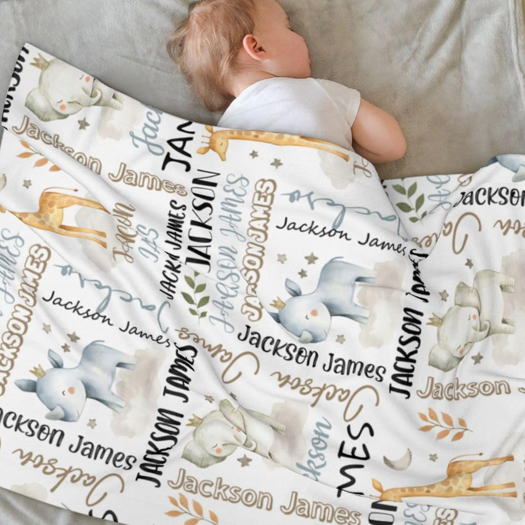 Personalized Safari Animal Swaddle Blanket - Custom Blanks for Boys, Name Blanket for Toddlers & Newborns