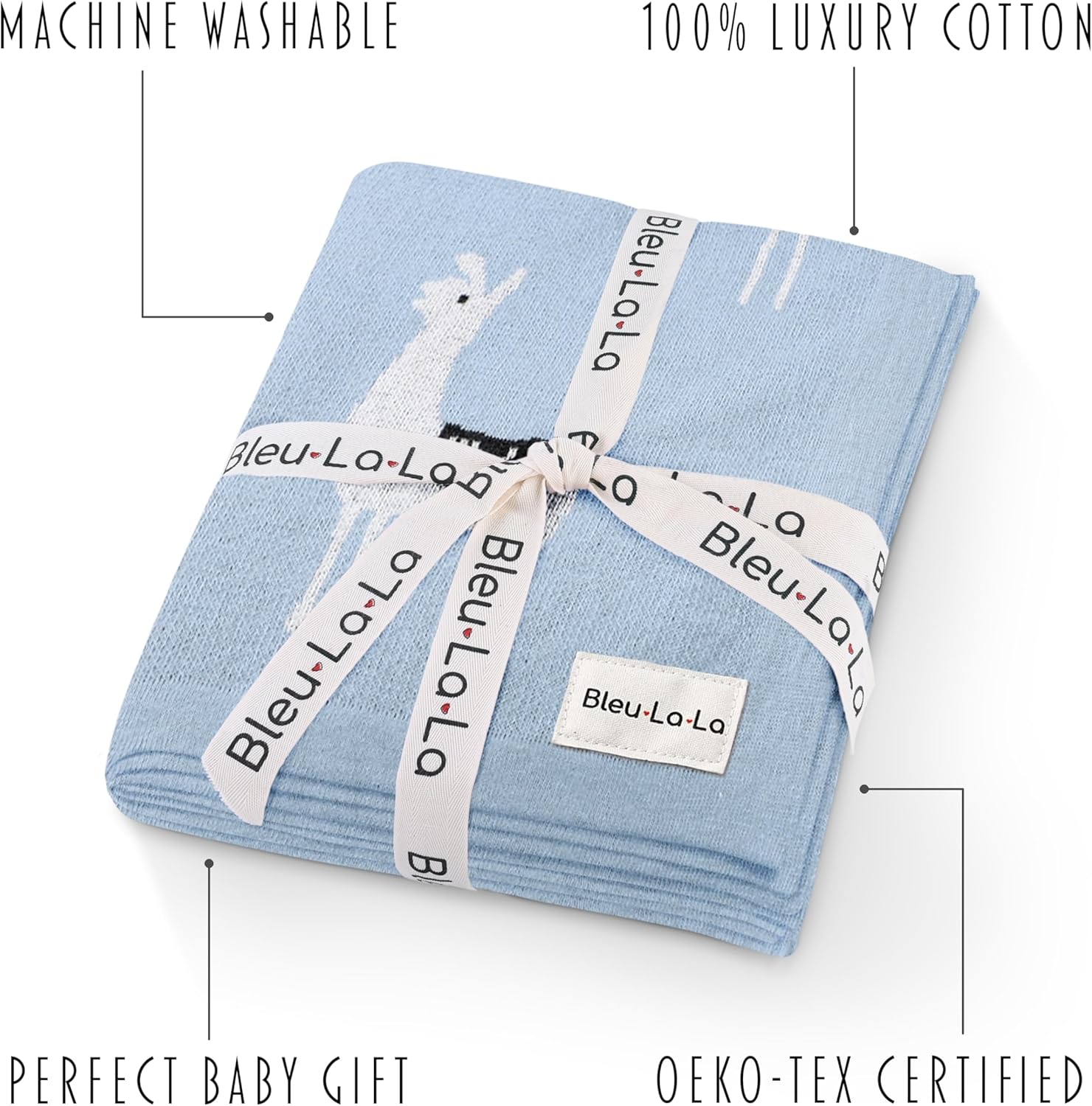 Baby Receiving Swaddle Stroller Blanket - 100% Fine Loomed Cotton Cozy Cuddle Crib Stroller Unisex Quilt Knit Blanket for Newborns Infants Toddler Boys and Girls (Llama - Baby Blue)