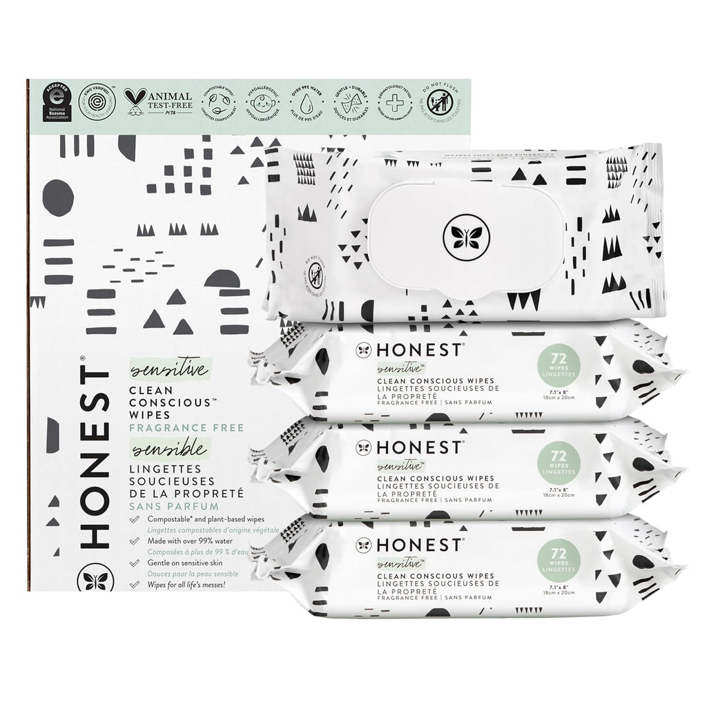 The Honest Company Clean Conscious Multi-Use Wipes | Hypoallergenic + Unscented for Sensitive Skin | Over 99% Water, Compostable, Plant Based, Baby Wipes | Pattern Play, 288 Count