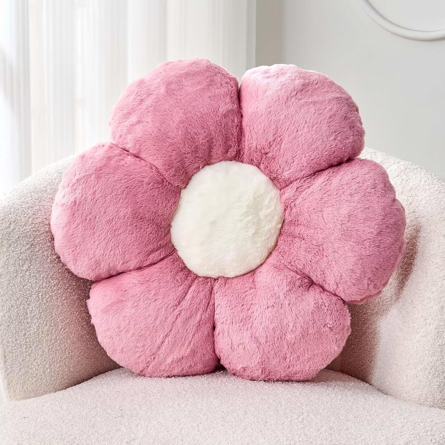 Dusty Rose Flower Pillow, Cute Decorative Flower Shaped Throw Pillow with Faux Rabbit Fur, 19.6" Soft Flower Plush Throw Pillow Floor Pillows Room Décor for Bedroom Living Room