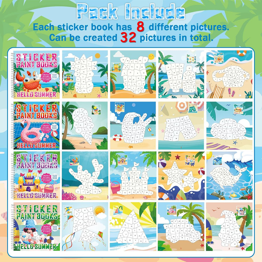 4Pcs Summer Paint by Sticker Books for Kids Ages 4-8 Hello Summer Sticker by Number Books Activity Book for Kids Age 3-5 Puzzle Book Craft Art Toddler Gift with Crab Flamingo Sand Castle 32 Pictures